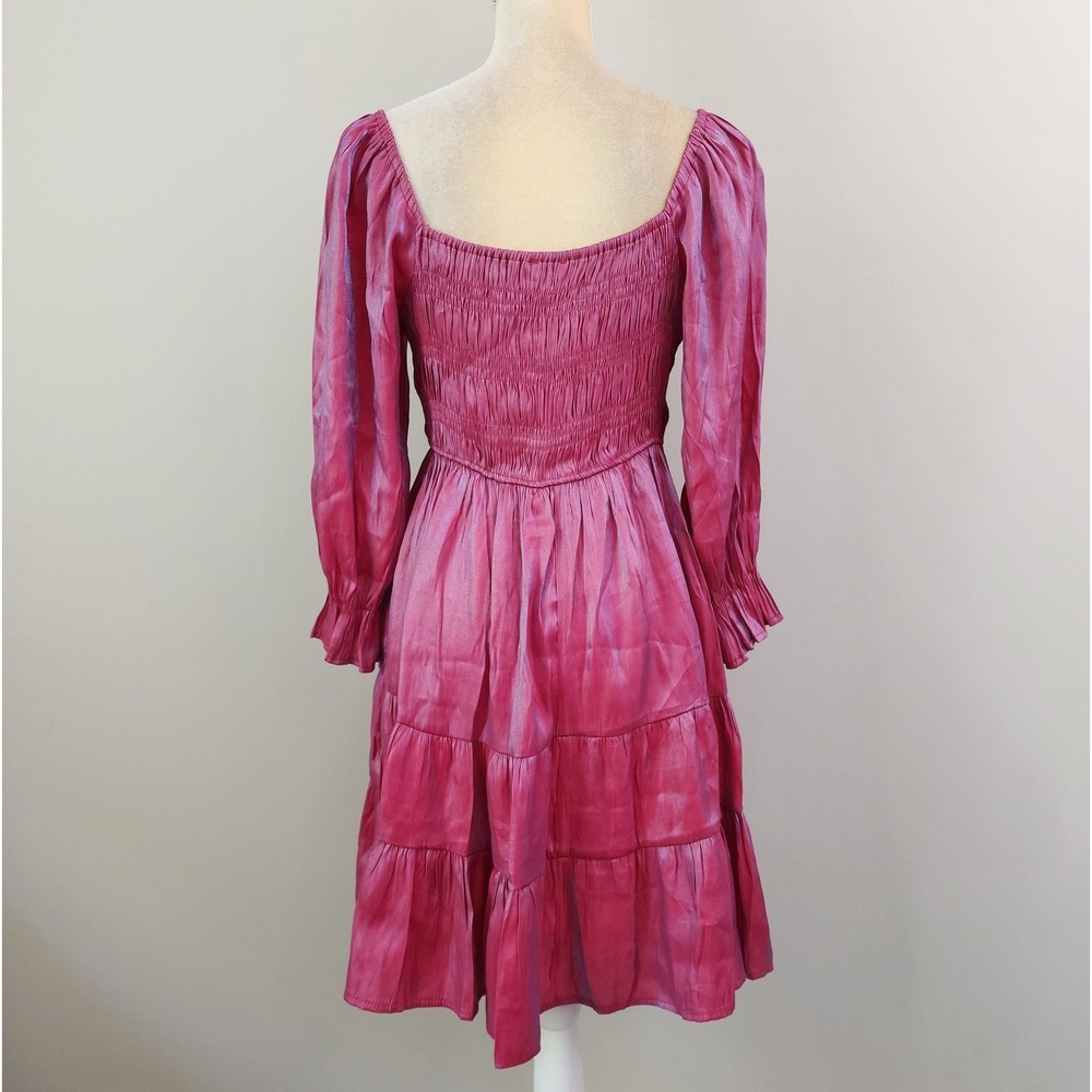 UMGEE Size Large Iridescent Fuchsia Pink Smocked Long Sleeve Tiered Mini Dress - Picture 3 of 7